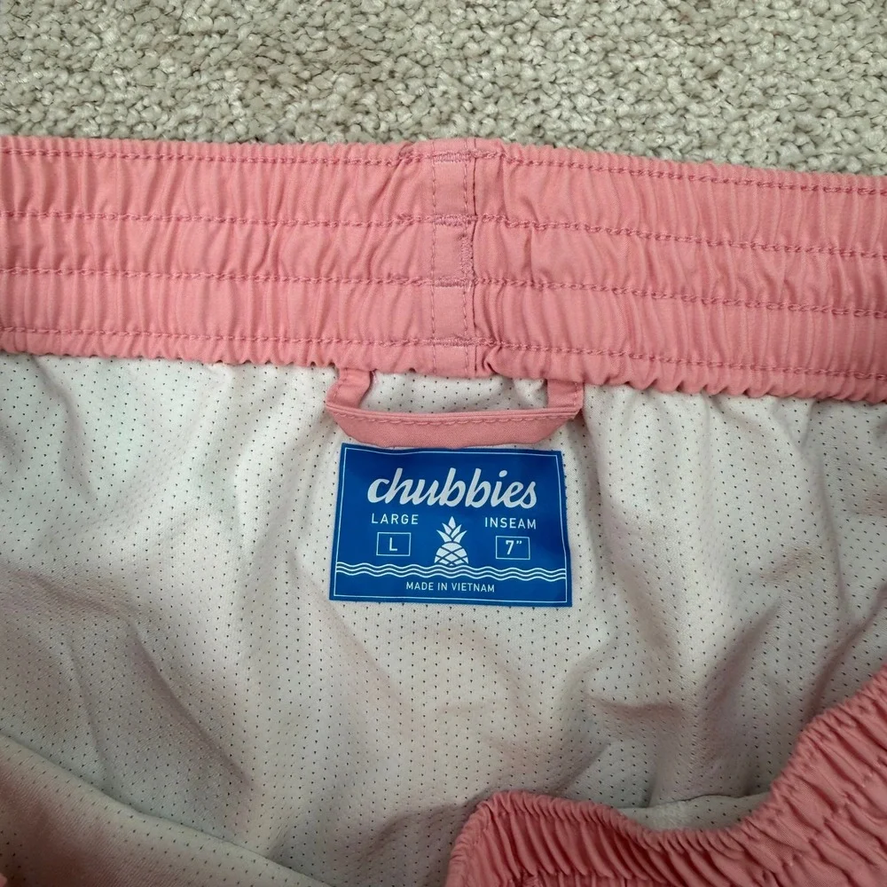 Chubbies Mens Large Swim Trunks Pink Teal Striped 7 Inch Inseam Shorts